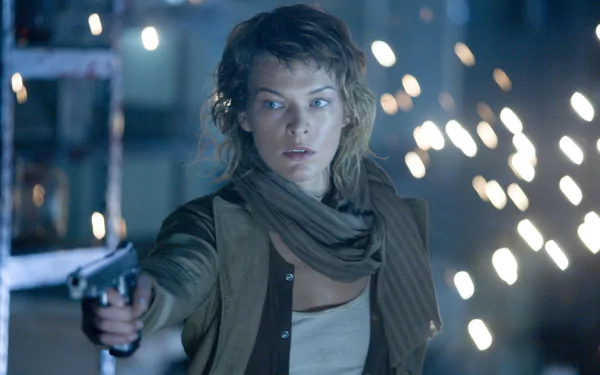 HD desktop wallpaper featuring Milla Jovovich in a tense scene from the movie Resident Evil: Apocalypse, aiming a gun with a determined expression.