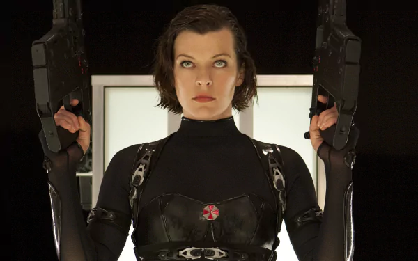 HD PC desktop wallpaper featuring a character from the movie Resident Evil: Retribution holding two guns, dressed in black tactical gear with a focused expression.