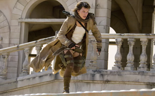 Milla Jovovich as Alice in a dynamic scene from the movie Resident Evil: Extinction, showcasing an intense moment in a post-apocalyptic setting. HD wallpaper for desktop use.