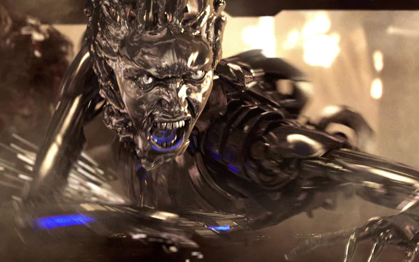 A high-definition desktop wallpaper featuring a menacing robotic figure from Terminator 3: Rise of the Machines, showcasing its fierce expression and metallic texture.
