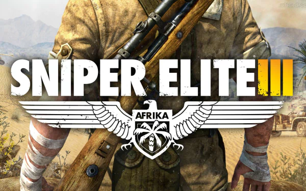 HD PC desktop wallpaper featuring a soldier from the video game Sniper Elite III, set in an African desert battleground with the game's logo prominently displayed.