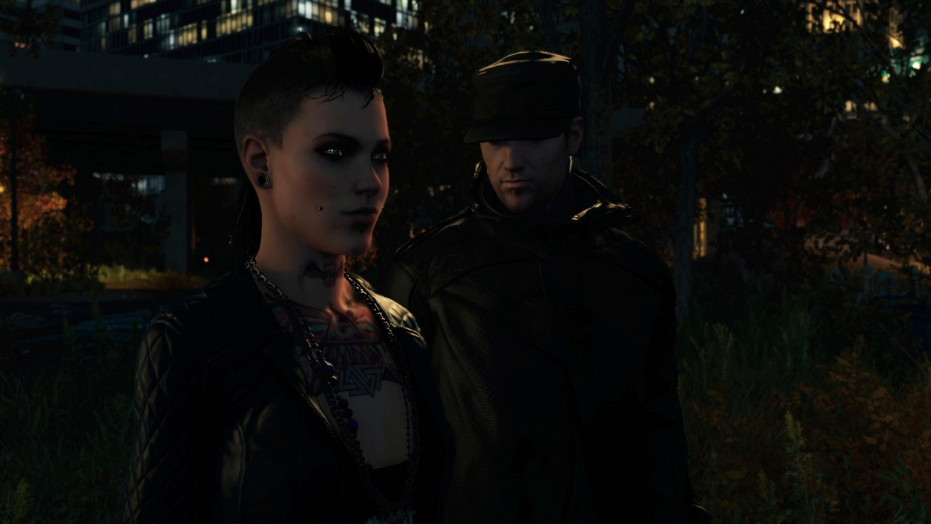 HD PC desktop wallpaper featuring Aiden Pearce from the video game Watch Dogs, set against a dark, urban nighttime backdrop.