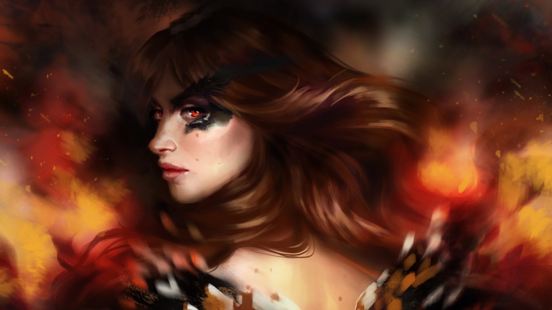 Fantasy portrait of a fierce woman with flowing hair and fiery eyes amid embers — 2K Quad HD PC desktop wallpaper background.