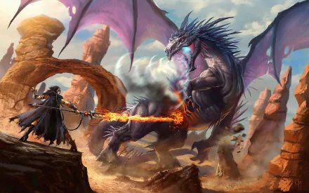 HD desktop wallpaper depicting a dramatic battle between a wizard and a massive dragon in a rocky, fantasy landscape.