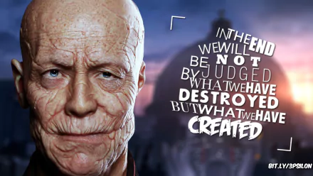 HD PC wallpaper from Wolfenstein: The New Order featuring a deathshead general and the quote, In the end, we will not be judged by what we have destroyed but what we have created.