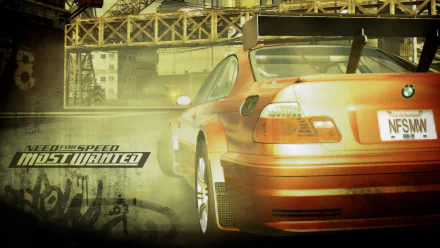 An HD wallpaper featuring a BMW from the video game Need For Speed: Most Wanted, set against a gritty urban backdrop with a dynamic visual style.