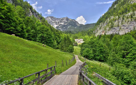 A serene view of a winding path leading to a villa nestled in a lush green valley, surrounded by towering mountains and clear blue skies, creating a tranquil atmosphere.
