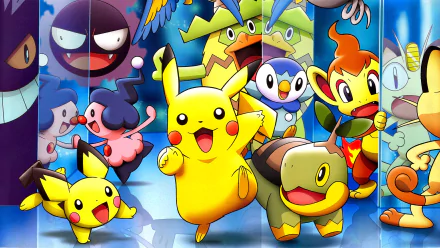 HD PC desktop wallpaper featuring vibrant Pokémon characters including Pikachu, Pichu, Mime Jr., Chimchar, Turtwig, Piplup, and Meowth from the video game series.