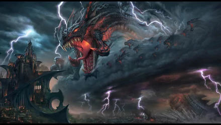 A dramatic fantasy scene featuring a fearsome dragon emerging amidst thunderous clouds and lightning, set against a shadowy castle backdrop in this HD desktop wallpaper.