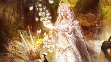 HD desktop wallpaper from the video game Legend Of The Cryptids, featuring a glowing ethereal woman in ornate robes surrounded by butterflies in a mystical forest.