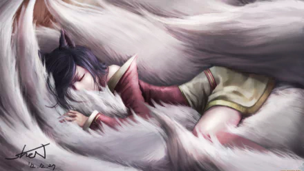 HD desktop wallpaper featuring Ahri from League of Legends, peacefully sleeping amidst soft, fluffy fur.