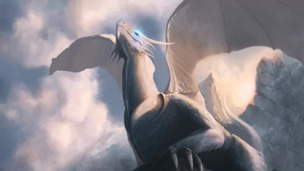 HD fantasy desktop wallpaper featuring a majestic white dragon with glowing blue eyes soaring through a cloudy sky.