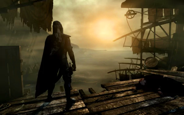 HD PC desktop wallpaper featuring Garrett, the stealthy thief from the video game Thief, silhouetted against a moody sunset in a rustic setting.