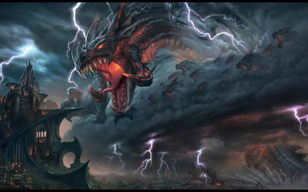 A dramatic fantasy scene featuring a fearsome dragon emerging amidst thunderous clouds and lightning, set against a shadowy castle backdrop in this HD desktop wallpaper.