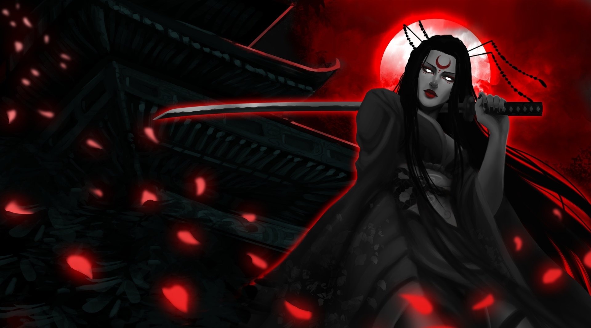 4K Ultra HD PC wallpaper featuring Diana from League of Legends, set against a dark, red-tinged backdrop with a glowing moon and falling petals.