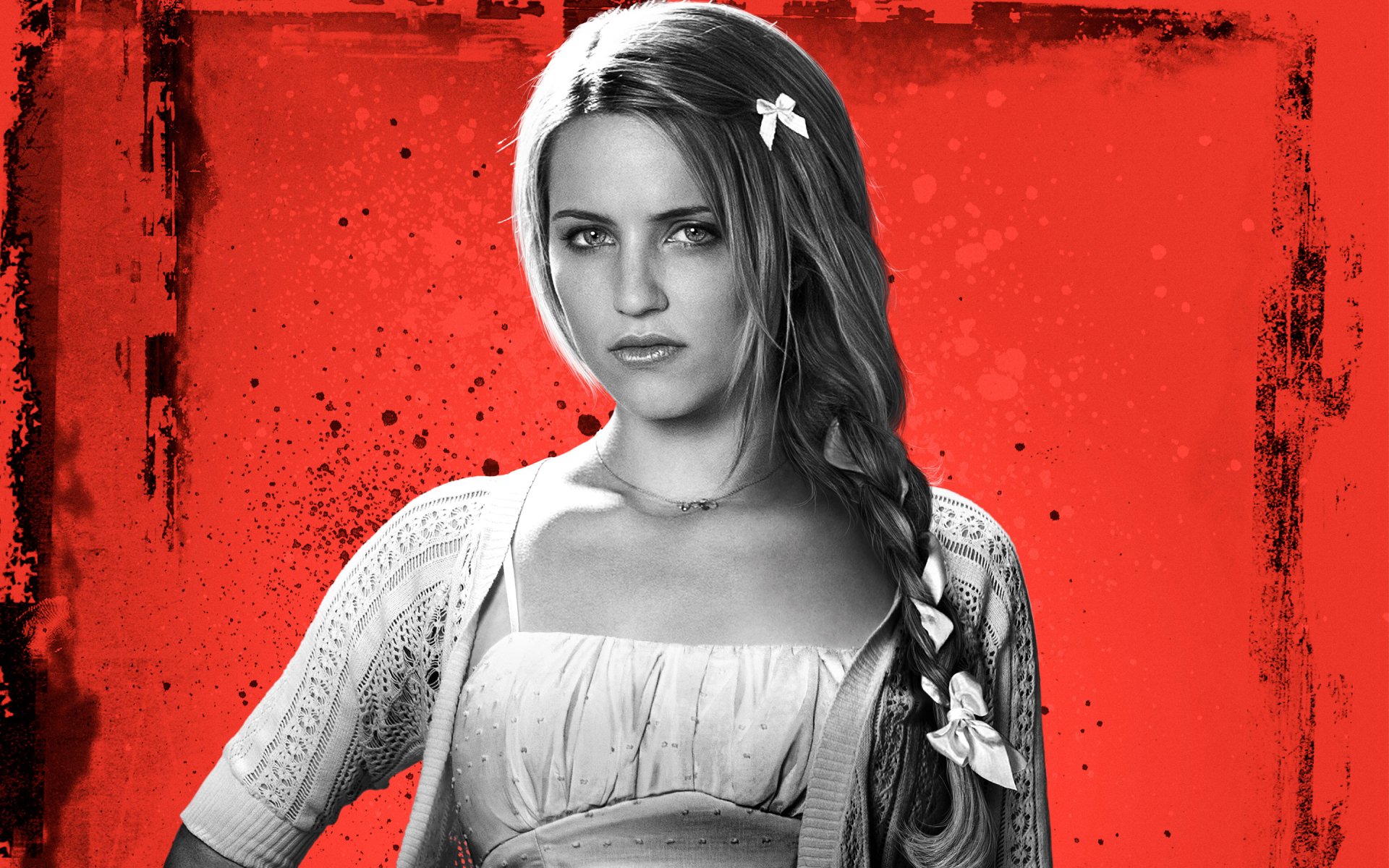 HD desktop wallpaper featuring American actress and celebrity Dianna Agron with a long braided hairstyle against a textured red background.