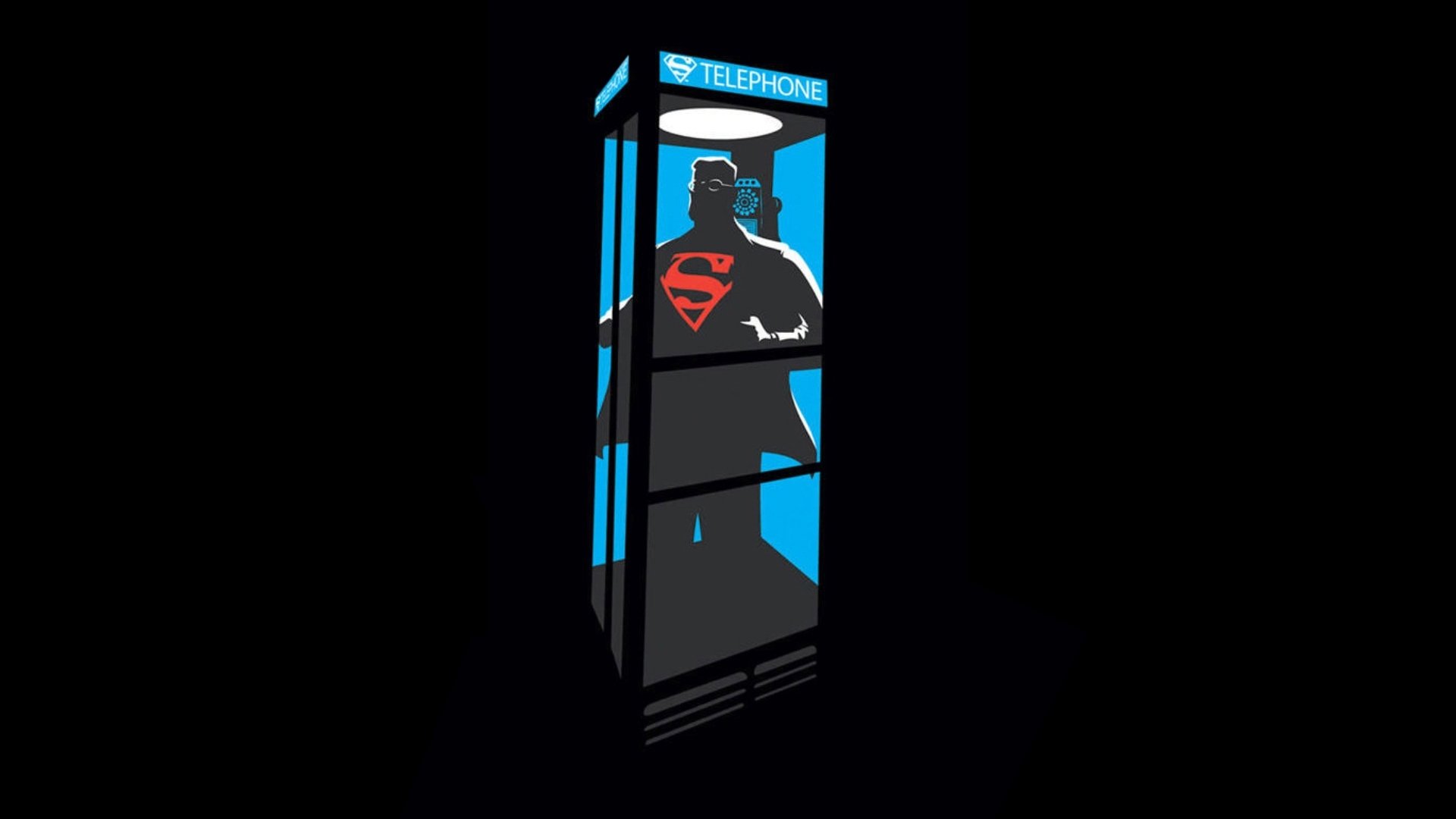 A sleek HD desktop wallpaper featuring a stylized silhouette of Superman inside a phone booth, highlighted by vibrant blues and a bold red emblem.