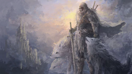 A fantasy warrior clad in armor stands with a massive sword beside a large wolf, set against a misty, mountainous landscape in 4K Ultra HD detail.