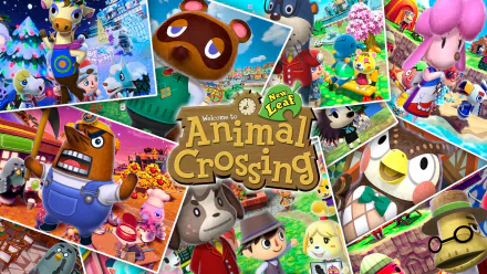 Colorful collage featuring characters and scenes from the video game Animal Crossing: New Leaf, designed as a vibrant HD PC desktop wallpaper and background.