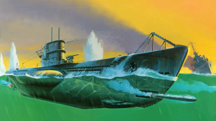 8K Ultra HD illustration of the German submarine U-99 cutting through turbulent waters during a vivid sunset, highlighting its military design and power.