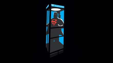 A sleek HD desktop wallpaper featuring a stylized silhouette of Superman inside a phone booth, highlighted by vibrant blues and a bold red emblem.