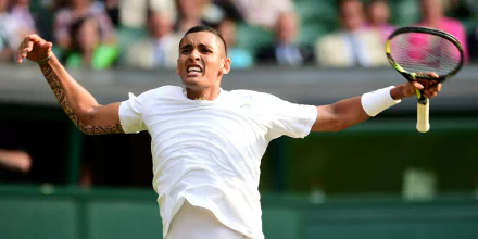 Nick Kyrgios celebrating on the tennis court, a vibrant HD wallpaper for desktops.