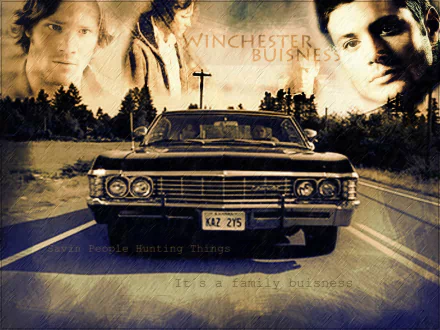 HD wallpaper of the TV show Supernatural featuring a classic black car on an open road with the show's protagonists' faces in the background and the text Winchester Business.