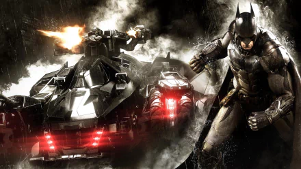 A dynamic HD PC desktop wallpaper from Batman: Arkham Knight featuring Batman in action alongside the Batmobile, set against a dramatic, smoky backdrop.