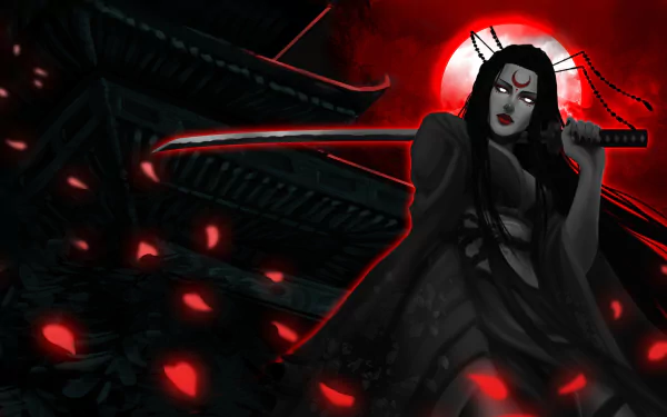 4K Ultra HD PC wallpaper featuring Diana from League of Legends, set against a dark, red-tinged backdrop with a glowing moon and falling petals.