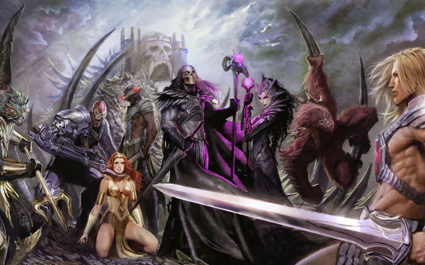 4K Ultra HD comic-style wallpaper featuring He-Man and the Masters of the Universe characters in a dramatic battle scene with dark skies and a fortress in the background.