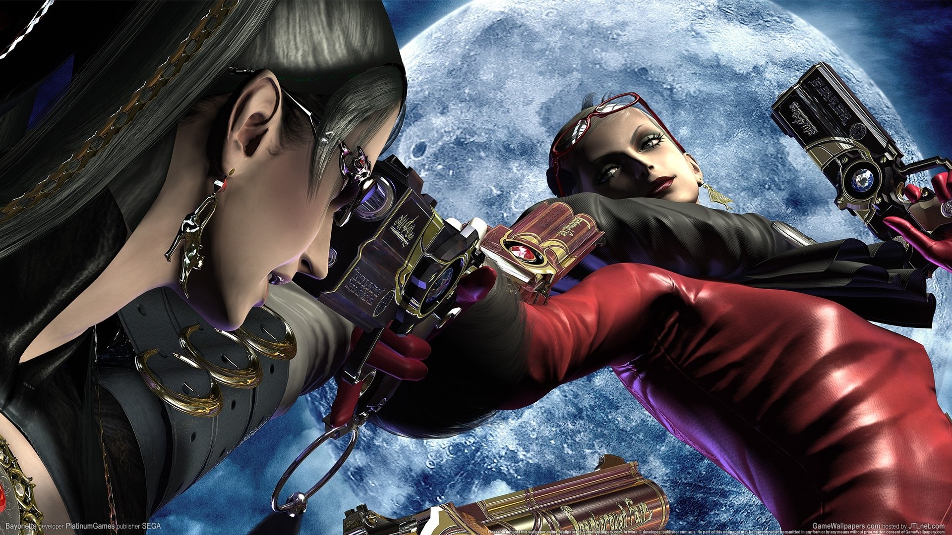 HD PC desktop wallpaper of Bayonetta from the video game: two dynamic poses in red and black, firing ornate guns against a glowing full moon backdrop.