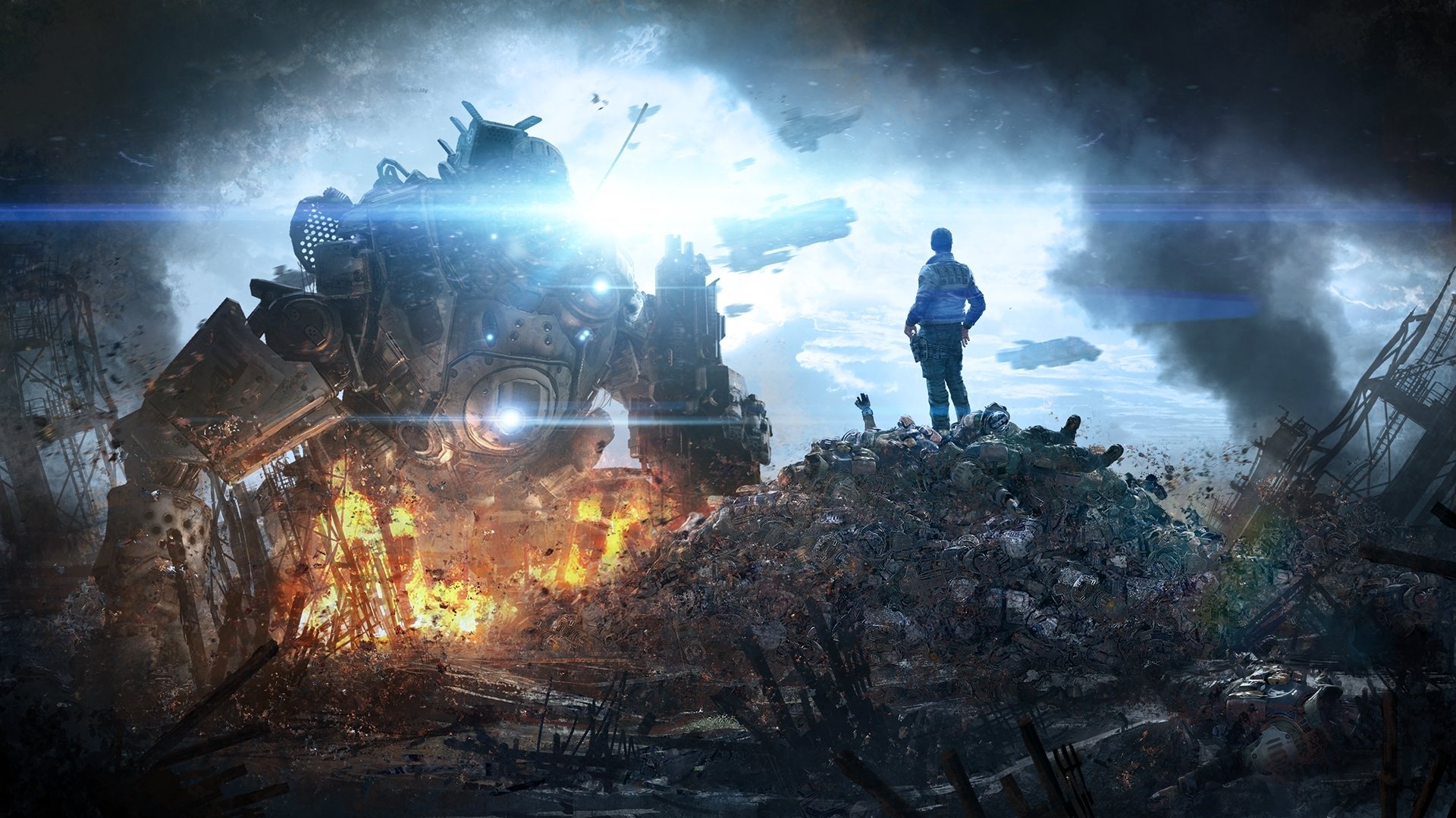 HD PC desktop wallpaper featuring a Titanfall video game scene with a pilot standing on rubble facing a massive, glowing Titan mech in a smoky, war-torn environment.
