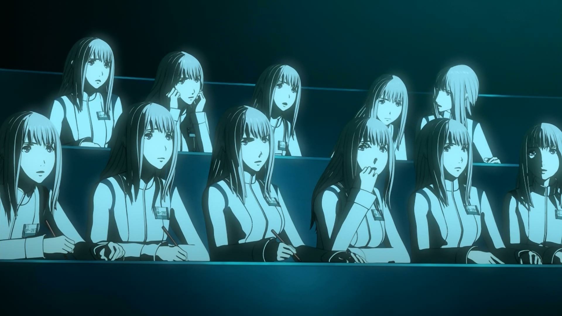 HD desktop wallpaper featuring a row of identical characters from the anime Knights of Sidonia, set against a blue backdrop.