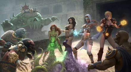 HD fantasy PC wallpaper featuring a group of powerful women warriors in a dungeon facing monstrous creatures, showcasing vibrant magic and intense action.