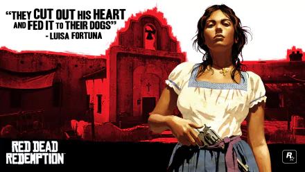 HD PC desktop wallpaper featuring a character from the video game Red Dead Redemption with a bold red background and a quote by Luisa Fortuna.