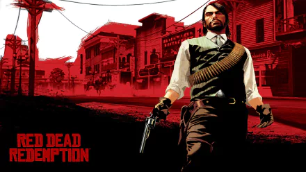 HD PC desktop wallpaper featuring a Red Dead Redemption character in a wild west town, blending video game art with a striking red and black color scheme.