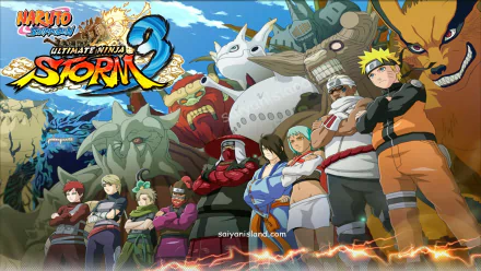 An HD wallpaper featuring characters from Naruto Shippuden: Ultimate Ninja Storm 3, showcasing a dynamic lineup of heroes and villains against a vibrant fantasy backdrop.