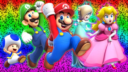 HD PC desktop wallpaper featuring vibrant characters from the video game Super Mario 3D World, including Mario, Luigi, Princess Peach, Rosalina, and Toad.
