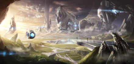 HD desktop wallpaper of a Halo video game scene. The image features people, spaceships, and a futuristic landscape with a striking blending of natural and sci-fi elements.