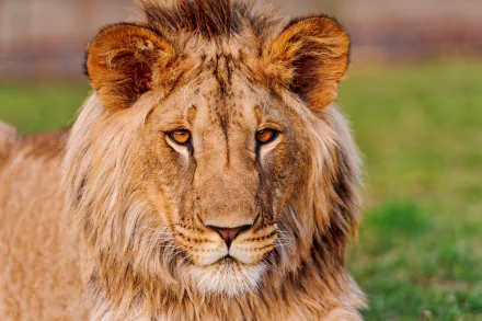 A close-up of a lion staring intently, showcasing its majestic mane and vibrant eyes, set against a green background, making it a striking HD desktop wallpaper.