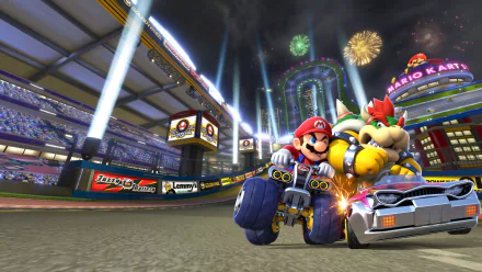 HD wallpaper of Mario Kart 8 featuring Mario and Bowser Jr. racing on a vibrant track.
