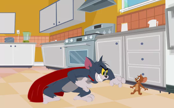 HD wallpaper featuring Tom and Jerry from the iconic TV show, showcasing Tom sneaking up on Jerry in a colorful kitchen setting.