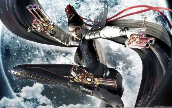HD PC desktop wallpaper featuring Bayonetta, the video game character, posed dynamically against a moonlit night sky with her signature guns and flowing hair.