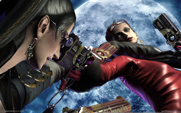 HD PC desktop wallpaper of Bayonetta from the video game: two dynamic poses in red and black, firing ornate guns against a glowing full moon backdrop.