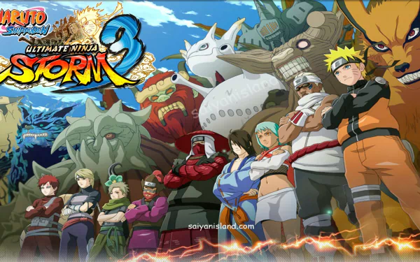 An HD wallpaper featuring characters from Naruto Shippuden: Ultimate Ninja Storm 3, showcasing a dynamic lineup of heroes and villains against a vibrant fantasy backdrop.