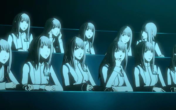 HD desktop wallpaper featuring a row of identical characters from the anime Knights of Sidonia, set against a blue backdrop.