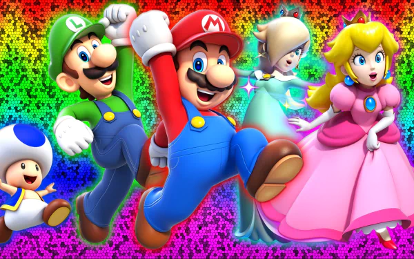 HD PC desktop wallpaper featuring vibrant characters from the video game Super Mario 3D World, including Mario, Luigi, Princess Peach, Rosalina, and Toad.
