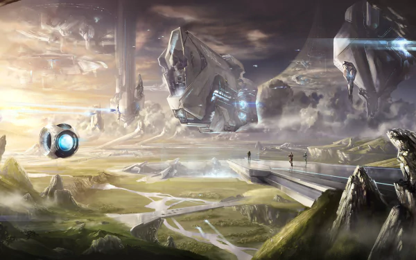 HD desktop wallpaper of a Halo video game scene. The image features people, spaceships, and a futuristic landscape with a striking blending of natural and sci-fi elements.