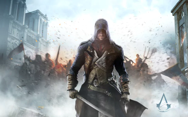 Arno Dorian stands ready for action amidst a chaotic backdrop, embodying the spirit of revolution in this HD desktop wallpaper from Assassin's Creed: Unity.