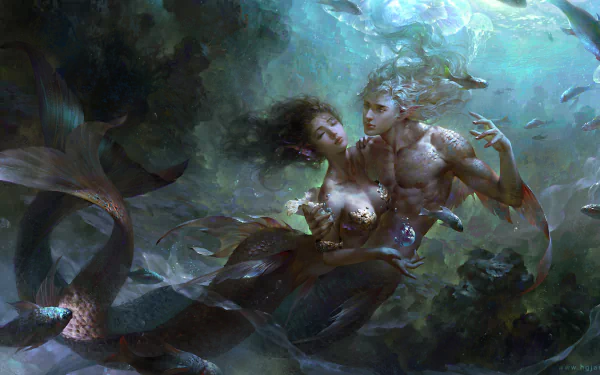 HD desktop wallpaper featuring a merman and a mermaid embracing in an underwater fantasy setting, with intricate tail details and ethereal lighting.